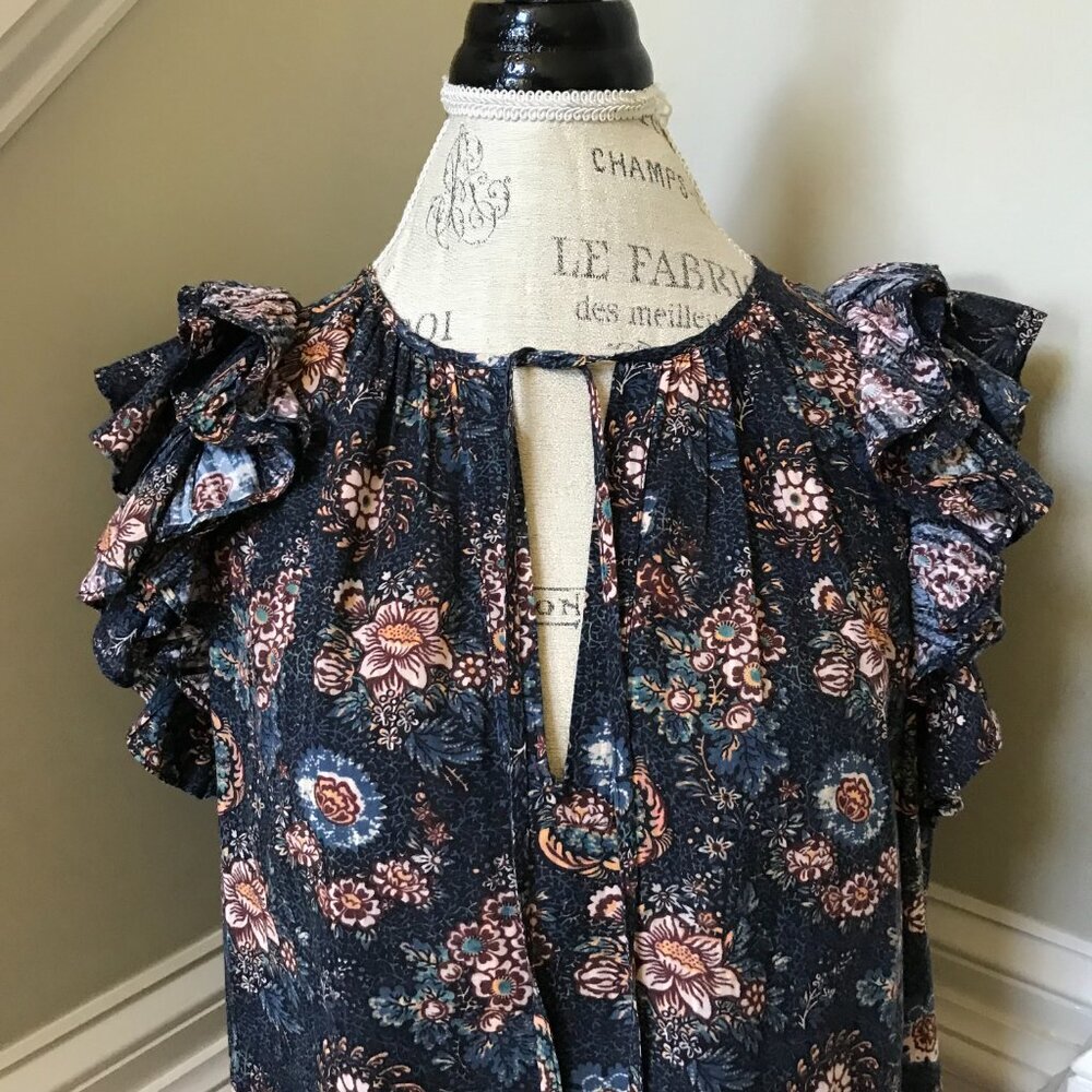 Ulla Johnson Elisa Top Shirt Blouse Womens 10 Navy Blue Flutter Sleeve Floral - Picture 6 of 12